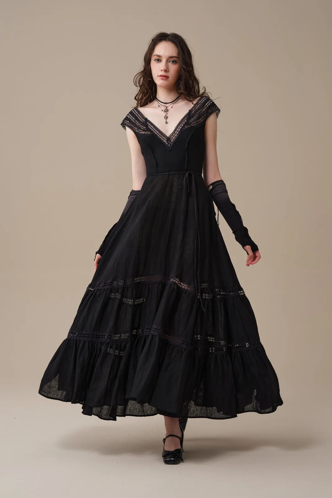 Cherry Tree Lace Linen Flared Dress