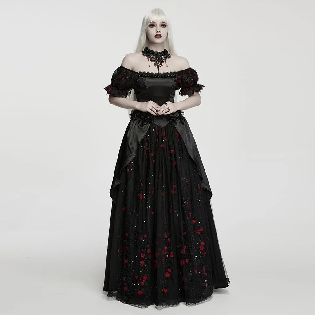 Black and Red Gothic Beaded Rose Puff Sleeve Maxi Dress