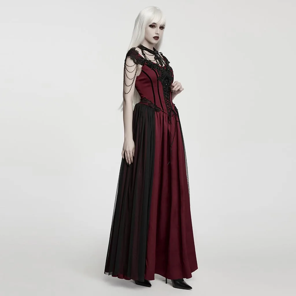 Black and Red Gothic Applique Chained Maxi Dress detail