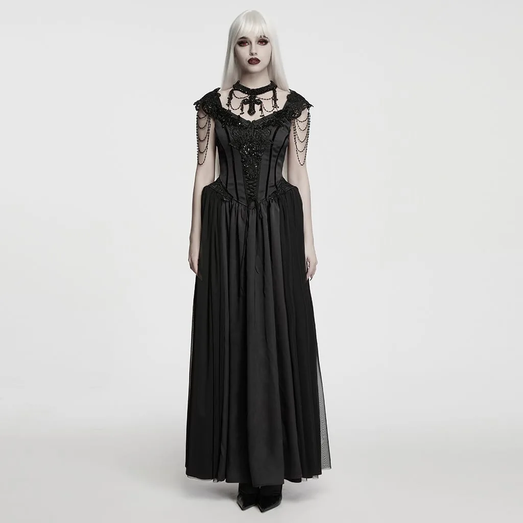 Black Gothic Applique Chained Maxi Dress